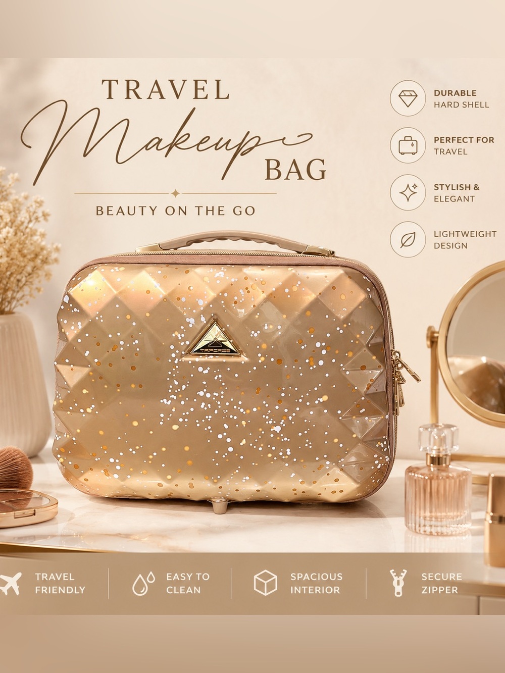 Triforce Gold Geometric Hard Shell Case Makeup Cosmetic Travel Bag Strap NEW